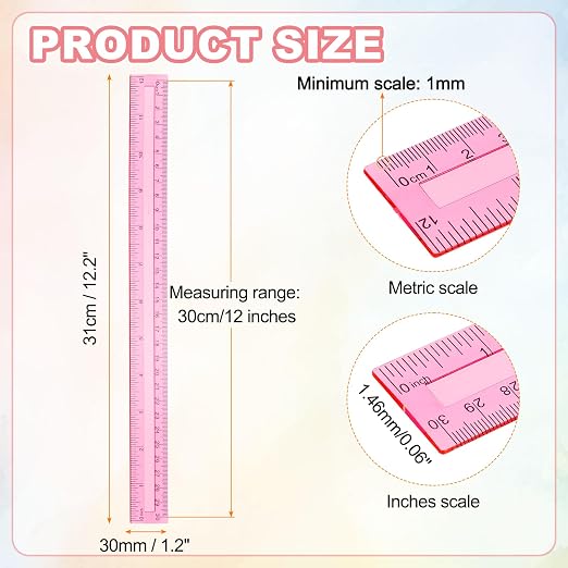 HARFINGTON 5pcs Plastic Rulers 12" (30cm) Clear Straight Ruler Measuring Tool Inches and Centimeters for Home Office Classrooms Drafting, Clear Pink