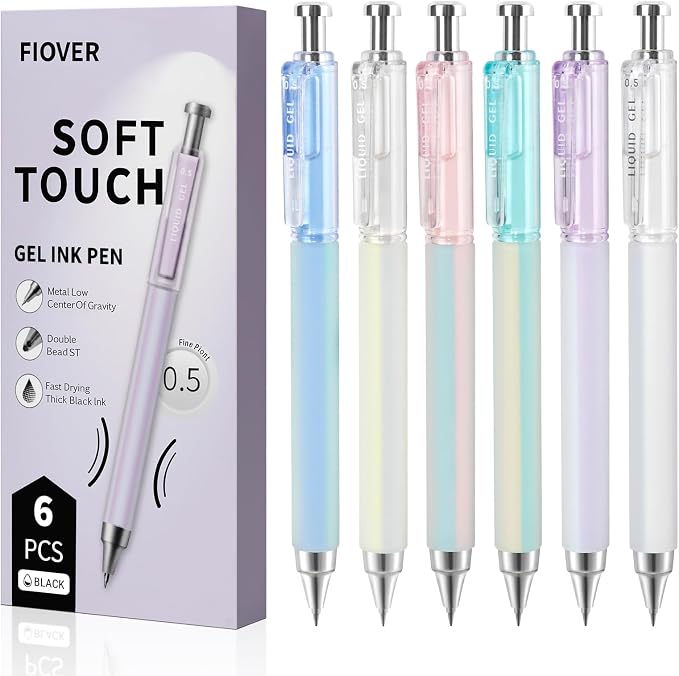 FIOVER 6 Pack 0.5mm Black Gel Pens, Quick Dry Fine Tip Pens with Soft Silicone Grip, Smooth Retractable Pens for Nurses, Teachers, Office & Journaling