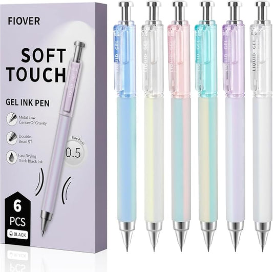 FIOVER 6 Pack 0.5mm Black Gel Pens, Quick Dry Fine Tip Pens with Soft Silicone Grip, Smooth Retractable Pens for Nurses, Teachers, Office & Journaling