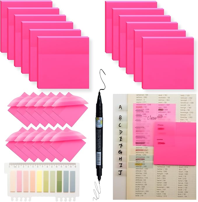 YOUDEFUL 800Pcs Transparent Sticky Notes, Bright Rose Red Clear Sticky Notes, 3"x3" Waterproof Translucent Sticky Note Pads, Index Tabs, Clear Post it Notes for Bible Study, See Through Sticky Notes