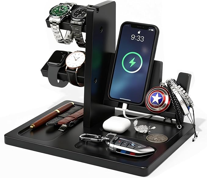 Watch Stand for Men, Solid Wood Watch Holder Organizer with Challenge Coin Display & Valet Tray, Mens Nightstand Organizer for Smartwatch Charging Station, Desk Accessories, Gift for Husband, Dad