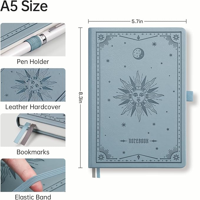 EMSHOI Blank Journal Notebook, 192 Pages, A5 Size (5.7'' x 8.3'') | Leather Hardcover, 100 GSM Thick Paper, Unlined, Plain, for Sketching, Drawing, Painting, Sun Debossed (Gray Blue)