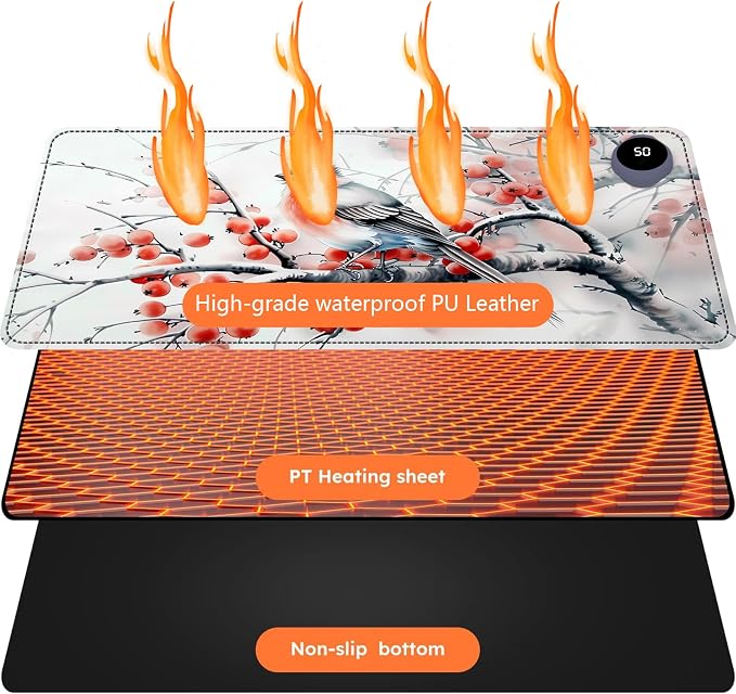 Heated Mouse Pad with 3 Levels Heated & 3 Hours Auto Shut-Off Mouse Pad for Warming Hands in Office Home, 23.6" x 14.2"Large Safe Desk Mat Hand Warmer，Ink Magpie
