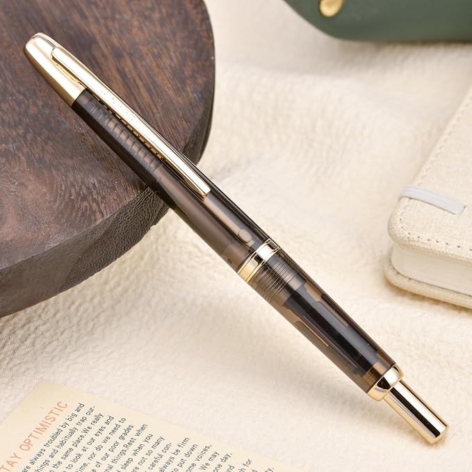 Jinhao 20 Press Fountain Pen, Transparent Black Retractable Fine Nib with Ink Converter Set (Golden Clip)
