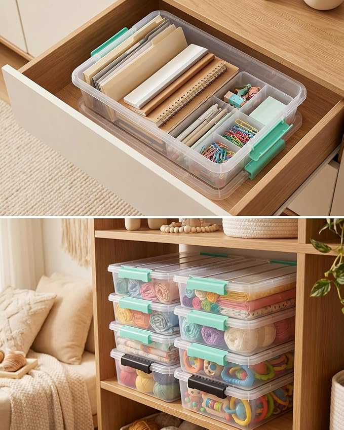 EOENVIVS Clear Storage Boxes with Lids 4 Pack Plastic Sensory Boxes with Secure Latches, Stackable Clear Storage Bins with Lids for Sewing Scrapbook Paper Craft Supplies Household Organizer