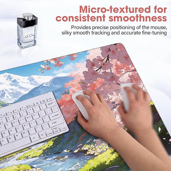 Cherry Blossom Anime Large Gaming Mouse Pad, 31.5x15.7 Inch, Non-Slip Rubber Base, Stitched Edges, Waterproof Desk Mat