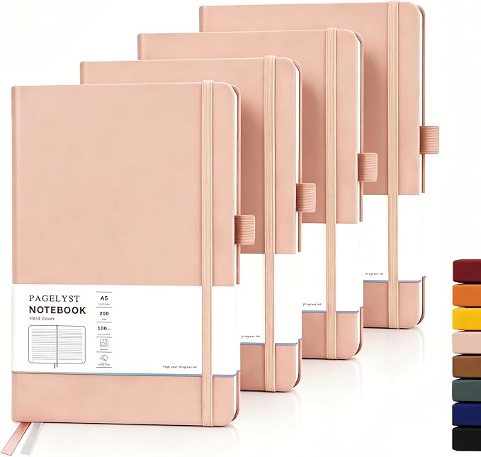 PAGELYST Lined Journal Notebook, 4 Pack Leather Journal for Women Men, 200 Numbered Pages, A5 Medium 5.7'' x 8.3'', 100 GSM Thick Paper for Journaling, Writing, Work & Office (Pink)