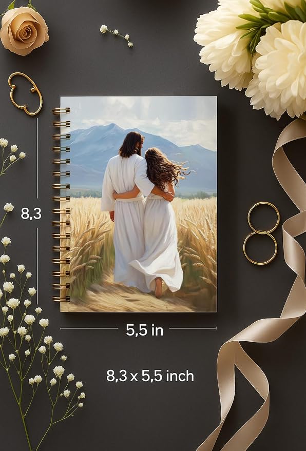 bitCNY Christian Journal Notebook – Jesus Walking with Woman in Wheat Field – Faith Based Spiral Notebook for Women, Spiral Bound 5.5x8.3 Inches