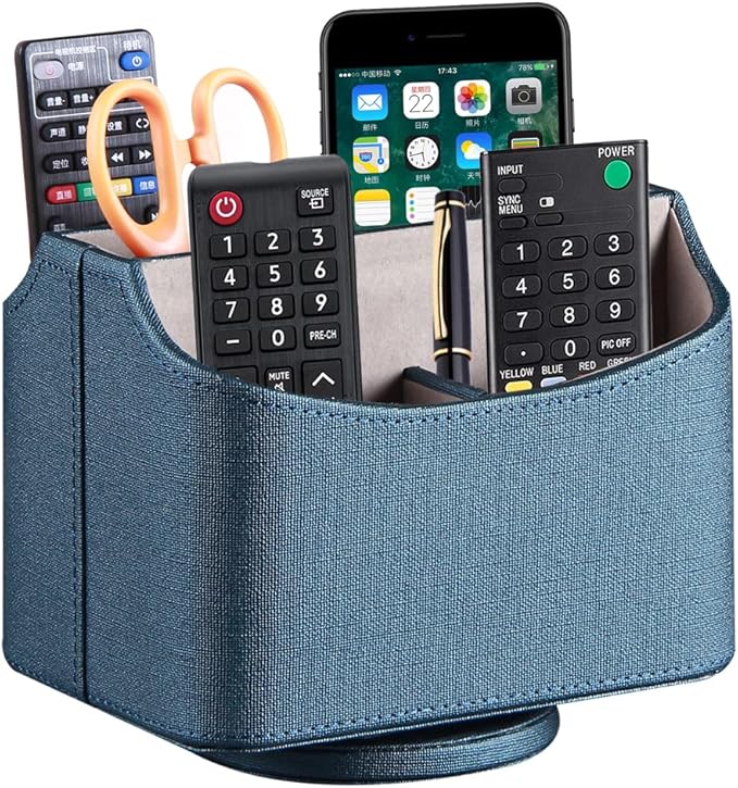 PUSU TV Remote Control Holder,PU Leather 360 Degree Rotatable Remote Caddy | Nightstand Organizer/Desk Storage Box for Media Play,Controllers,Stationery,iPad,Phone,Pen/Pencil Cosmetic,Office accessories