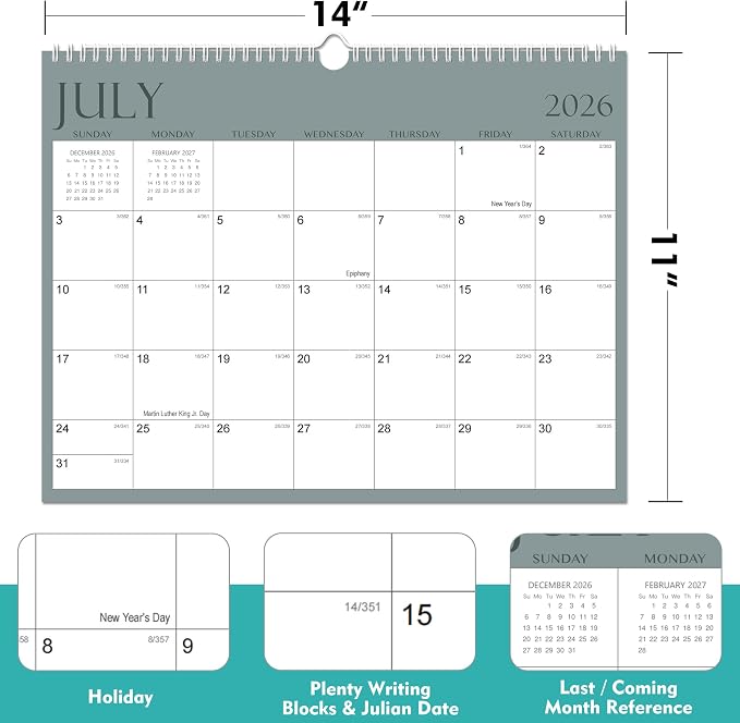 MZD8391 Calendar 2026-2027, Wall Calendar 2026-2027 From July 2026 To December 2027, 14" x 11" Paper Calendars with Julian Date and Blank Block for New Year, 18 Months Calendar Planner