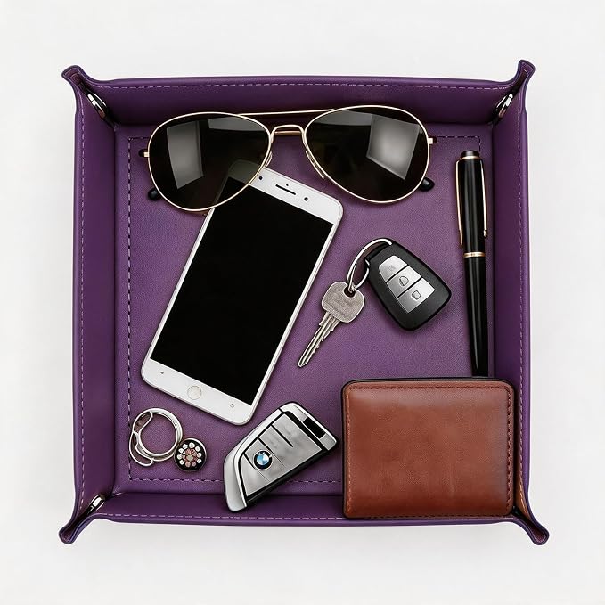 Valet Tray Desktop Storage Organizer – Vegan Leather Catchall Tray Bedside Vanity Tray Nightstand Caddy Holder for Remote Controller, Watch, Keys, Phone, Wallet, Coin, Jewelry, Purple