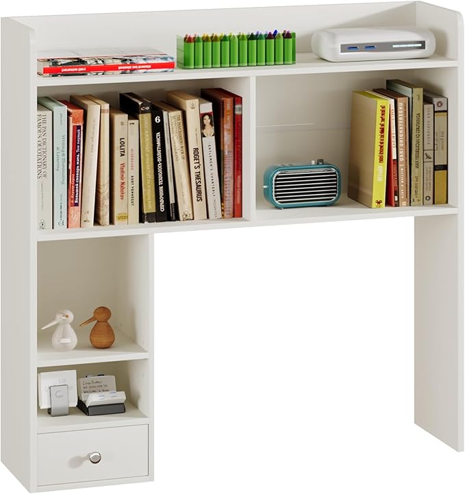 ChooChoo Desktop Bookshelf with Lights, 36.4" Tall Countertop Desk Hutch with 5 Shelves and 1 Drawer for Computer Desk, Desk Shelf Organizer for Dorm Office Home,White