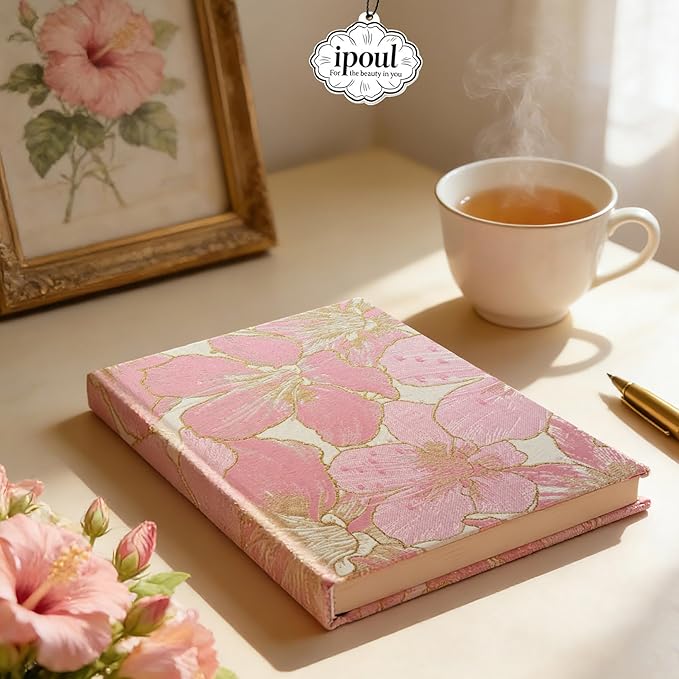 ipoul Pink Notebook, Pretty Journals for Women, A5, 6x8, Hardcover, Lay Flat, Lined Paper, Writing Journal, Cute Notebook, Hibiscus Flower, Diary, Female Gifts