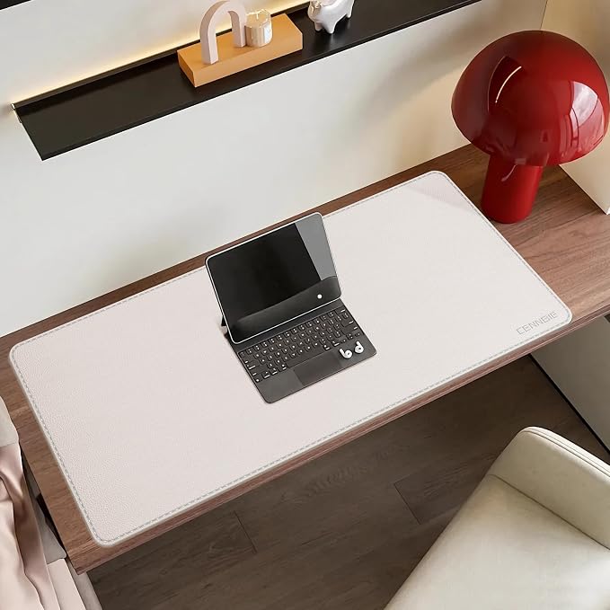 CENNBIE 35.5" x 16" Leather Desk Mat,Computer Mouse Pad for Office(Cream) | Premium stitched edges resist wear. Easy to clean. Protects desk from spills, stains ,scratches. Smooth glide. Office & home.