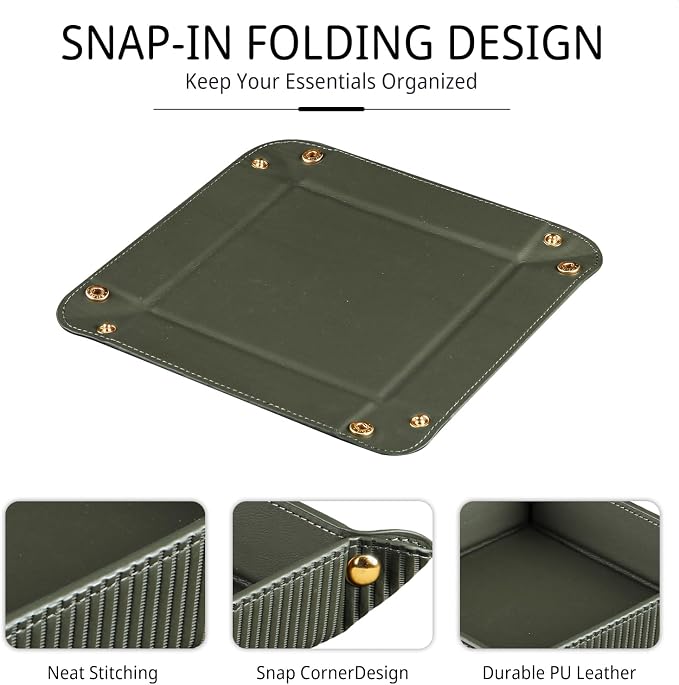 YAPISHI Light Luxury Valet Tray for Men, PU Leather Vanity Jewelry Tray & Decorative Perfume Catchall, Folding Travel EDC Dump Tray, Nightstand Organizer Caddy for Keys, Watches, Coin Bowl Dish