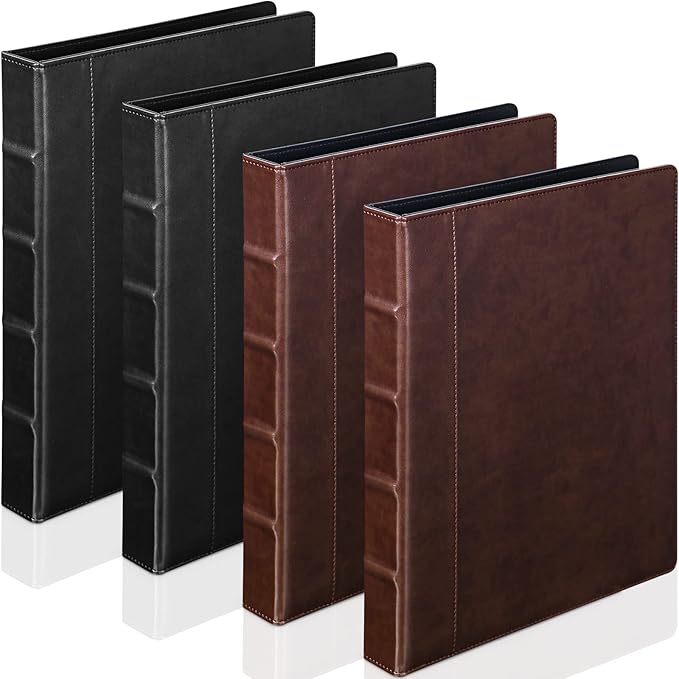 Yexiya 4 Pcs Vintage Hardback 3 Ring Binder Planner Portfolio Leather Round Ring Binder Organizer Holds 200 Sheets with 2 Inner Pockets, 13 x 10 Inch(1 Inch,Black, Brown)