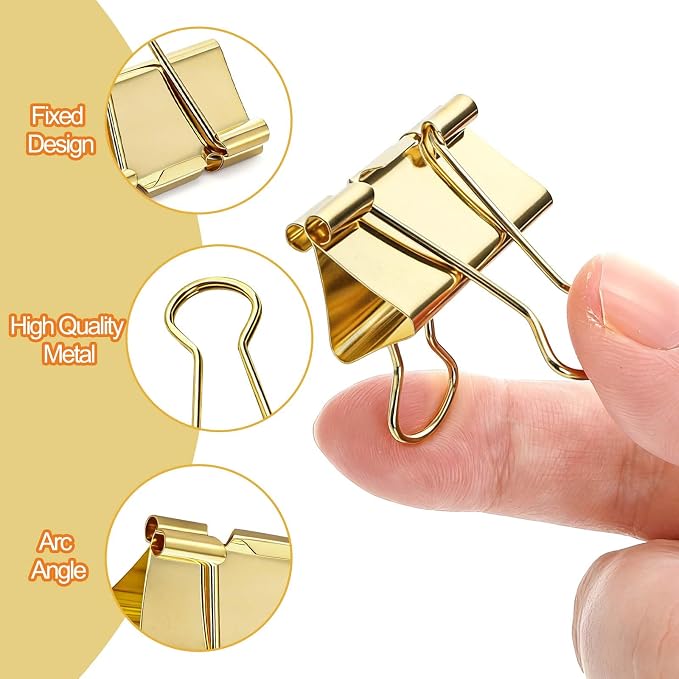 Fasmov 174 Pcs Gold Binder Clips Paper Clamps, Assorted Sizes Paper Clamps Clips (Small, Medium, Large), Office Clip with Container, Binder Clip for Office School and Home Supplies
