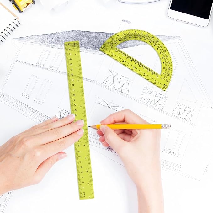 Zonon 2 Pcs 12 Inch Clear Ruler and 6 Inch Plastic Protractor Set, Dual Scale Inch/Cm Math Geometry Measuring Tools for Back to School Students Teachers Classroom Office Drafting Use(Yellow)