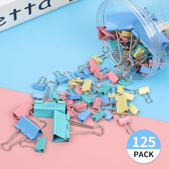 Joyberg 125Pcs Binder Clips Colored, Binder Clips Assorted Sizes, 6 Sizes Binder Paper Clips for Office Supplies/Home/School (Blue, Pink, Yellow, Green)