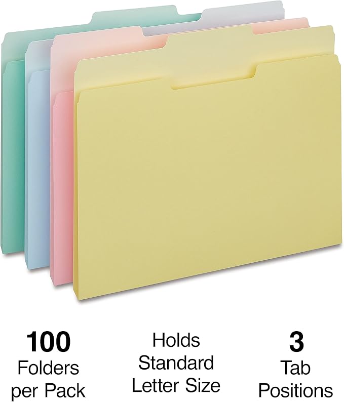 Staples File Folder, Letter Size, 1/3‑Cut Tabs, Assorted Pastel Colors, Durable Paper Stock, 200/Carton