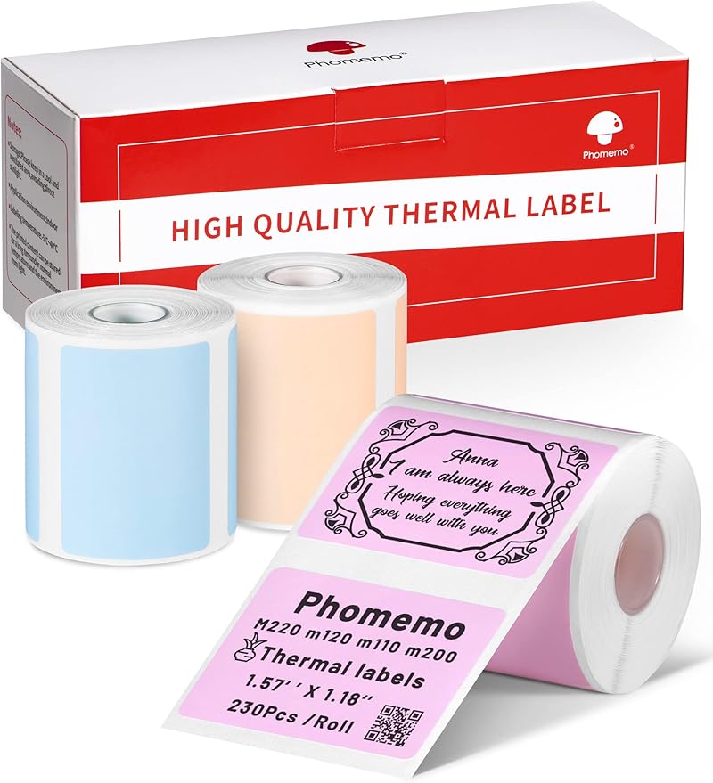 Phomemo Labels,Thermal Color Label,1.57'' x 1.18'' Self-Adhesive Sticker | for Phomemo M110 M220 M221 M120 M108 M150 M250 M260 M160 M200 Printer, for Barcode,Name,Address (Pink/Blue/Khaki）