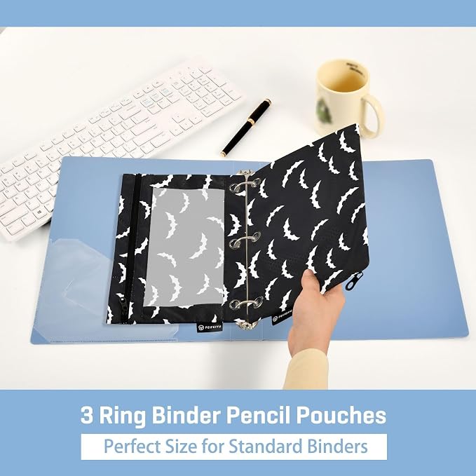 Bats Halloween Goth Pencil Pouches for 3 Ring Binder 2 Pack | Binder Pencil Case With Zipper Reinforced GrommetsPencil Bags for Office Organizers