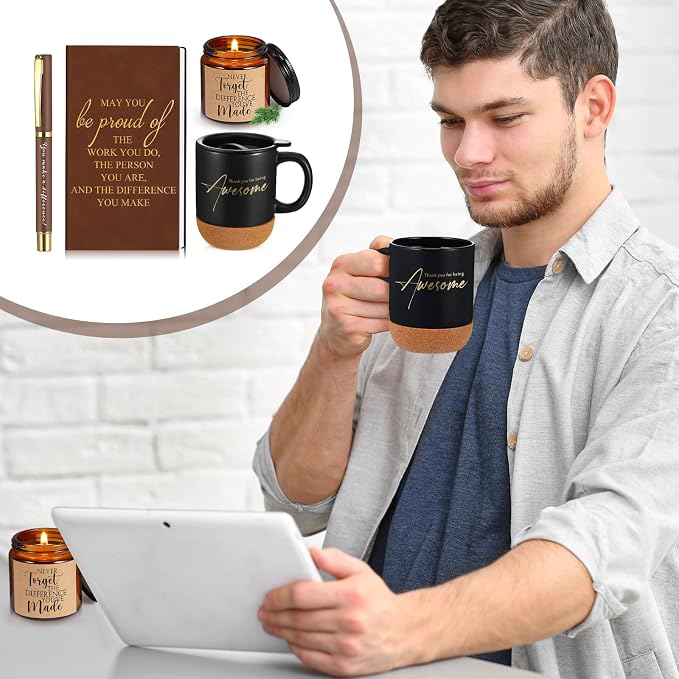 Sayglossy 4 Pcs Thank You Gifts Set for Men Back to School Teacher Appreciation Gift Leather Notebook Inspirational Coffee Mug Scented Candle Ballpoint Pen for Male Employee Coworker Nurse Boss, Brown