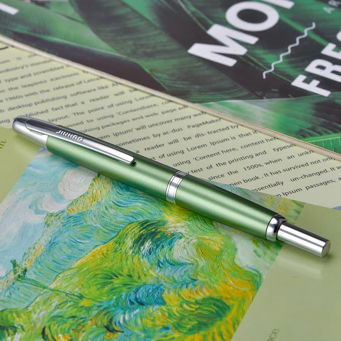Jinhao 10 Press Fountain Pen with Box, Sea Pine Green Retractable Medium Nib with Ink Converter Set (Silver Clip)