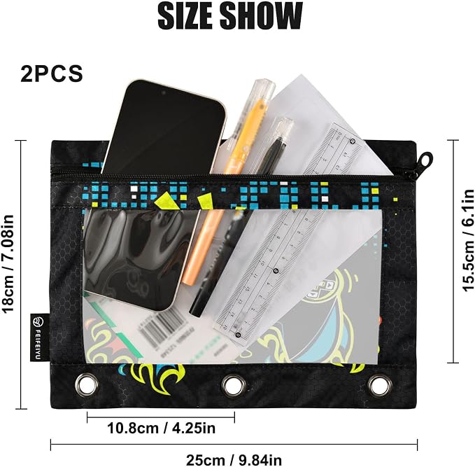 Play Game Binder Pouches 3 Ring for Boys Girls School Office College Supplies Toy Game pad Black Pencil Pouches Case Bag with Clear Window and Zipper 2 Pack
