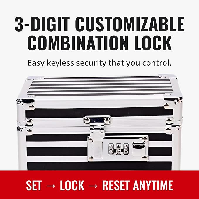 Vaultz Locking Medicine Box with Combination Lock - Secure Metal Lock Box Safe for Medication, Pills & Valuables, Small Lockbox with Code, Portable Storage Case, Striped | Metal lock box, storage case for medication and small valuables, 3-digit combina...