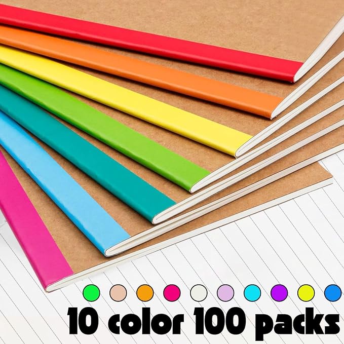 100 Pack A5 Lined Kraft Notebook Journals 8.3x5.5 In，Travel Journals Notebooks Bulk，Subject Notebooks 30 Sheets 60 Pages for Writing School Office Supplies (Multicolor Lined-100 Pack)