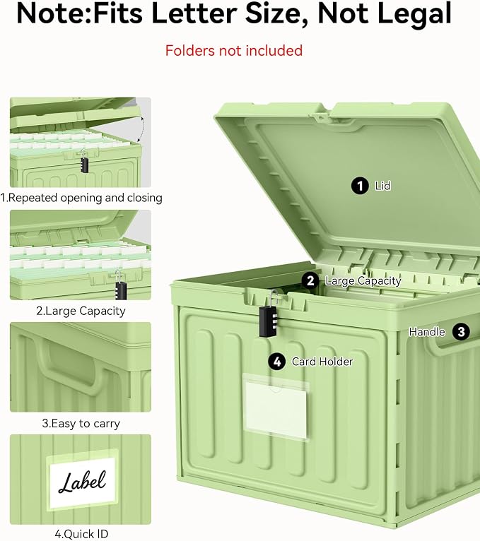 Oterri Lockable Plastic File Box with Lid for Letter-Size | Hanging File Folders Not Included. Green, Large 1-Pack. Home, Office, Classroom, Dorm, Tax, Under Bed, Filing Cabinet.