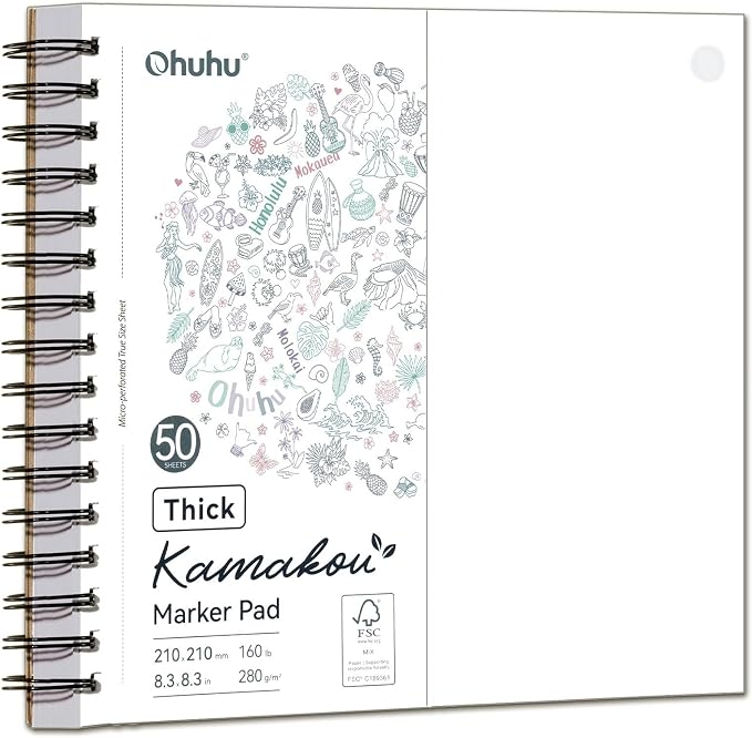 Ohuhu 8.3"x8.3" Double-Sided Bleedproof Marker Pad Art Sketchbook 50 Sheets | Square Sketch Book - 160 LB/280 GSM Smooth Drawing Paper - 50 Sheets/100 Pages - Spiral-Bound Sketch Pad for Alcohol Markers