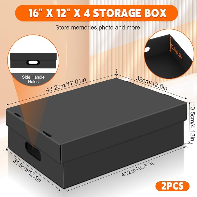 AOBOPLE 2 Pack Photo Storage Box,16" x 12" x 4" Keepsake Box with Handle Holes,Protective Storage Box for Photos Pictures Documents Artwork DIY and Souvenir,Home and Office Organizer