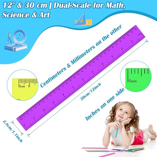 36 Pack 12 Inch Multicolor Plastic Rulers Bulk, Transparent Metric Rulers with Centimeters and Inches, Straight Measuring Rulers for Back to School, Kids Classroom School Office Home Supplies