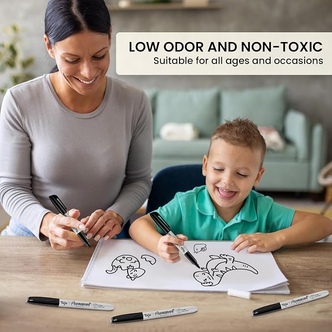 Taja (100 Counts) Permanent Markers, Fine Tip, Black, Quick-Drying and Fade-Resistant Bulk Marker Set for Writing and Sketching on Wood, Plastic, Metal, Glass, Perfect for School and Office Supplies