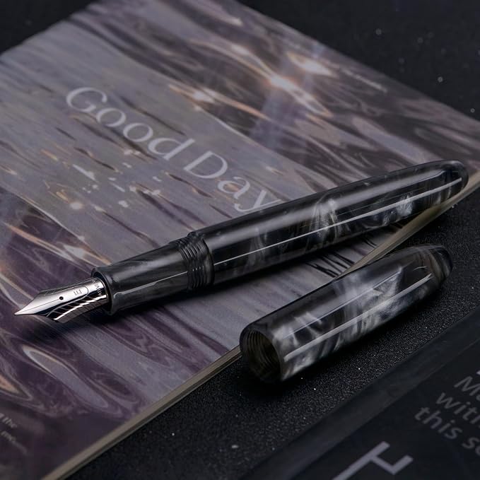 Asvine C80 Fountain Pen #8 Stub 1.1mm Nib Large Handcraft Calligraphy Art Drawing Pen with Converter Pen Case Collection Set (Gray Ripple)