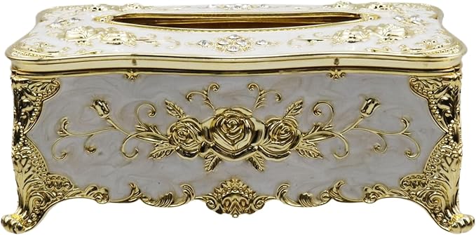 Luxurious Rose Tissue Box with Imitation Diamonds,Gold-White | 9.45"x5.43"x3.94"，Embossed Flowers, Elegant Tissue Paper Holders，for Home Toilet Bath Hotel