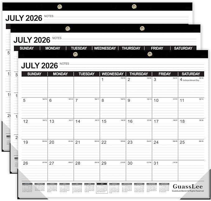 GuassLee Large Desk Calendar 2026, 3 Packs, 19 Months from Jun. 2026 to Dec. 2027, 22" x 17" Desk/Wall Calendar Hanging Planner with Julian Date, Notes, Corner Protectors for School Home Office