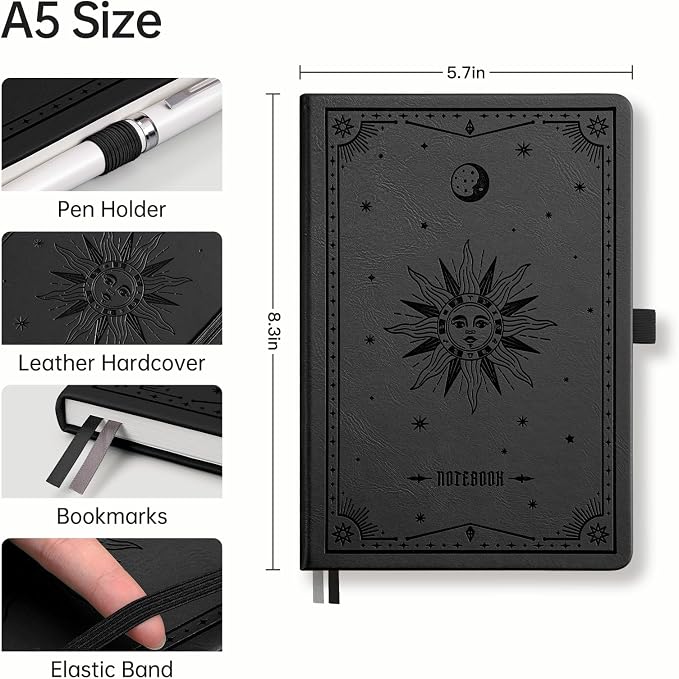 EMSHOI Blank Journal Notebook, 192 Pages, A5 Size (5.7'' x 8.3'') | Leather Hardcover, 100 GSM Thick Paper, Unlined, Plain, for Sketching, Drawing, Painting, Sun Debossed (Black)
