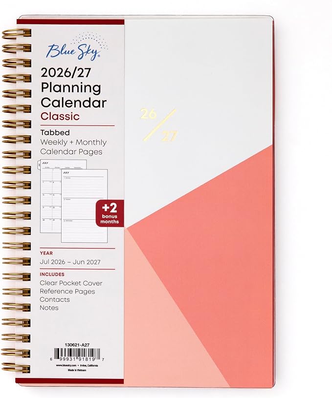 Blue Sky 2026-2027 Weekly & Monthly Academic Planner, 5"x8", Cali Pink | July 2026 - June 2027, Clear Pocket Cover, Wirebound, Laminated Tabs, Academic Year
