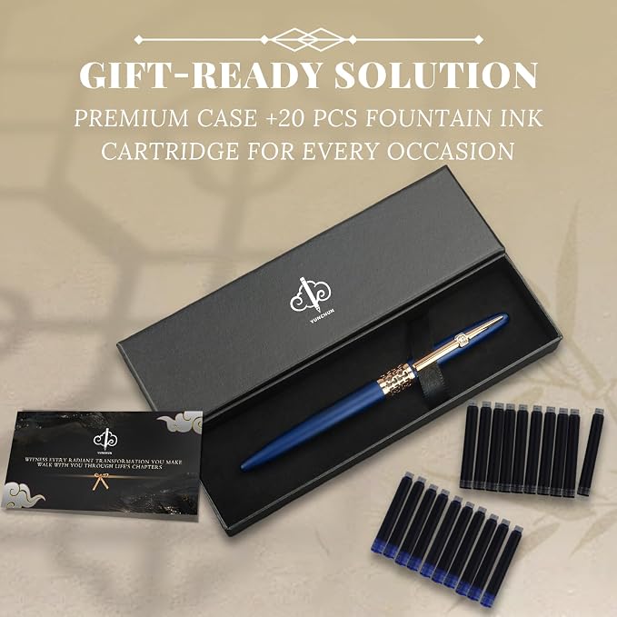 YUNCHUN Refillable Fountain Pen Medium Nib, Fancy Ink Pen with 10 Black & 10 Blue Ink Refills Cartridges, Cool Ink Pens for Writing, Business Metal, Best Gift Set for Men & Women, Blue