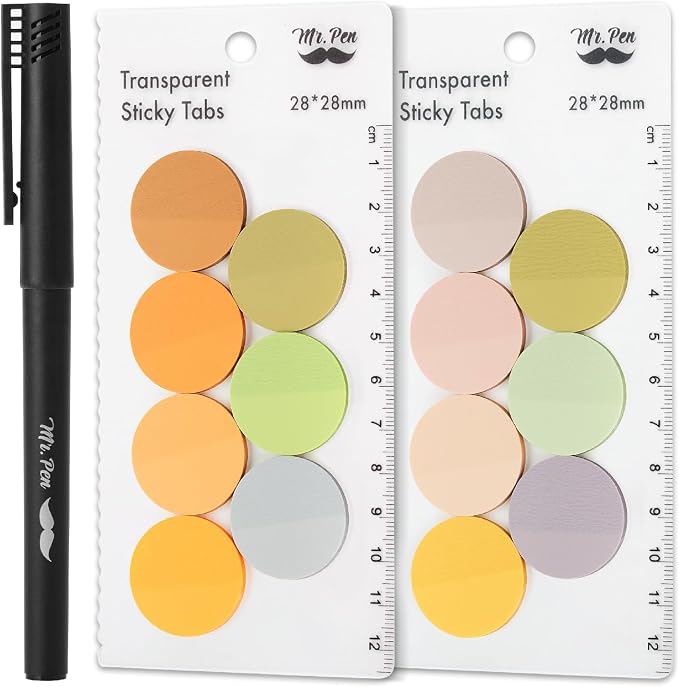 Mr. Pen- Round Transparent Sticky Notes, 1.1” Diameter, 14 Pads, 560 Sheets | Colorful, Water-Resistant See-Through Sticky Notes & Fineliner, Smooth Writing, Note Tabs for Bible Journaling, Studying