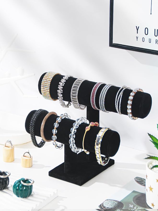 Coward 2 Tier Bracelet Holder Jewelry Display Stand, Necklace Bangle Bracelet Watch Organizer Storage Rack, Jewelry Show Tower for Women (Black Velvet)