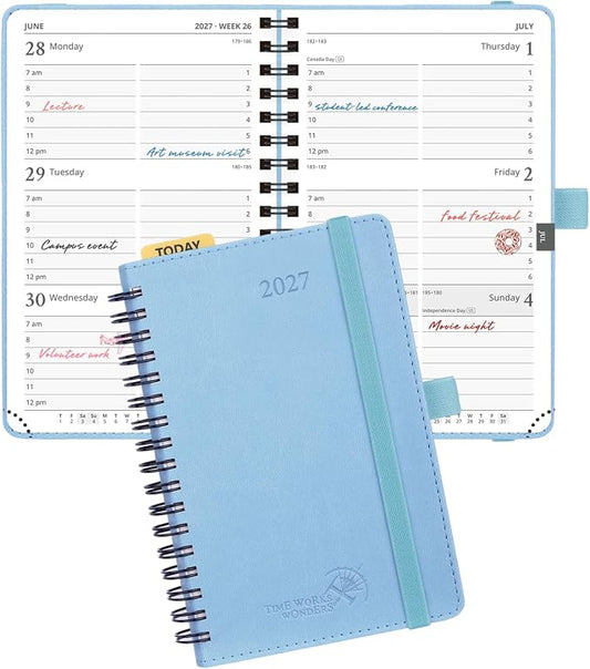 POPRUN 2027 Pocket Planner (Small-4'' x 6.25'') Weekly and Monthly Calendar | 2027 Agenda(Jan - Dec) Appointment Book with Hourly Time Slots, Monthly Tabs, 100GSM, Spiral Leather Cover - Blue