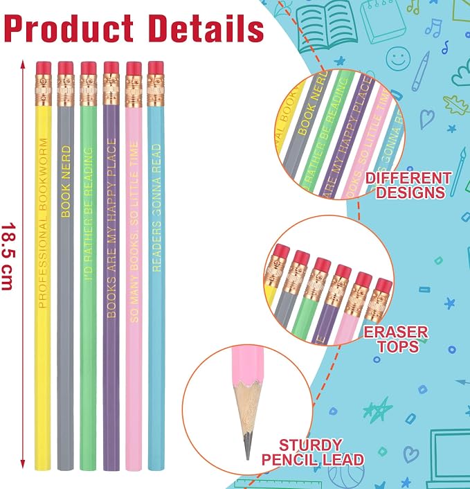 Affrolling 36 Pcs Book Nerd Pencil Bulk with Eraser Book Lover Reading Motivational 6 Design Wooden Graphite 2B Pencil Assortment Fun Educational Sharpened Booklover Back to School Student Gifts