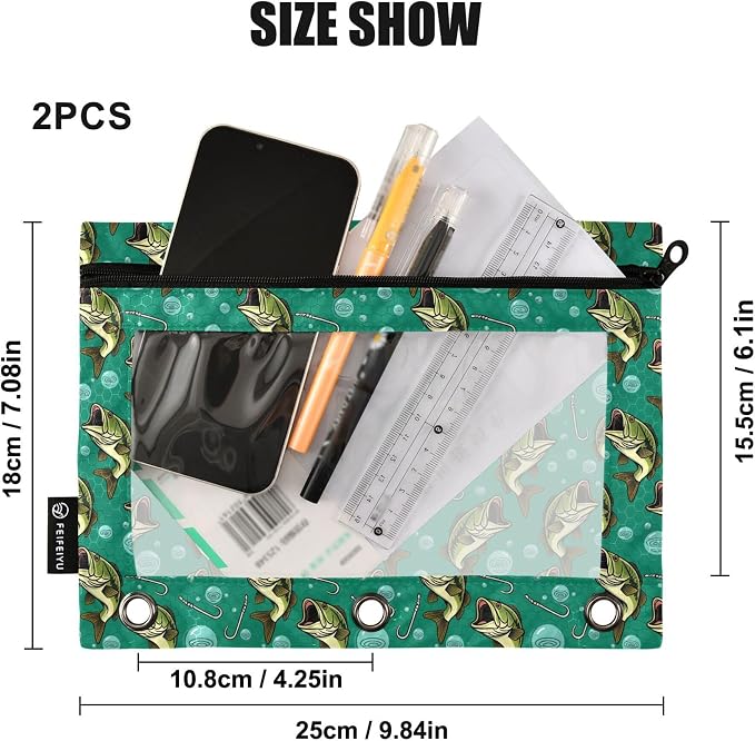 Deep Sea Fish Binder Pouches 3 Ring for Boys Girls School Office College Supplies Ocean Theme Fishman Pencil Pouches Case Bag with Clear Window and Zipper 2 Pack