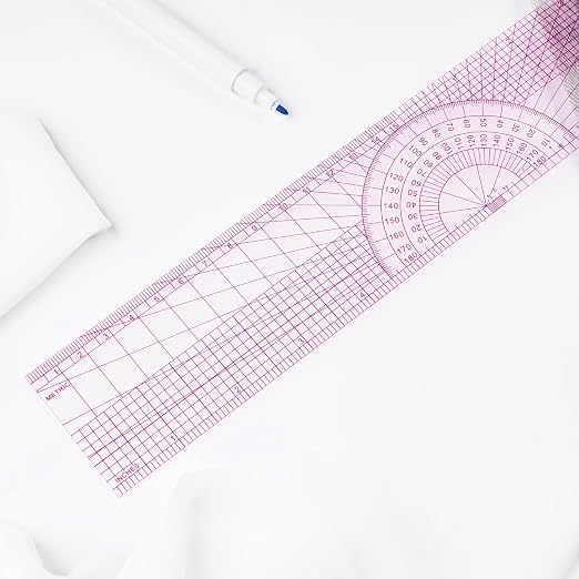 KEARING 12" 30cm Graph Ruler with Protractor - Dual Pattern Grading Tool | Clear 1.2mm flexible plastic grid ruler with built-in protractor. Dual metric imperial sandwich line scales