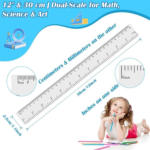 36 Pack 12 Inch Clear White Plastic Rulers Bulk, Transparent Metric Rulers with Centimeters and Inches, Straight Measuring Rulers for Kids Classroom School Office Home Supplies