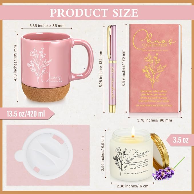 Sayglossy 4 Pcs Pink Chaos Coordinator Gift Set Back to School Gift for Teachers Women Men Notebook Coffee Mug Scented Candle Ballpoint Pen for Teacher Assistant Principal Class School Staff Coworker